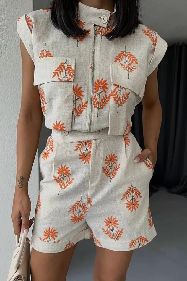 Women Combishort Beige Motif Fleuri Orange Beige Brentiny Paris Playsuits