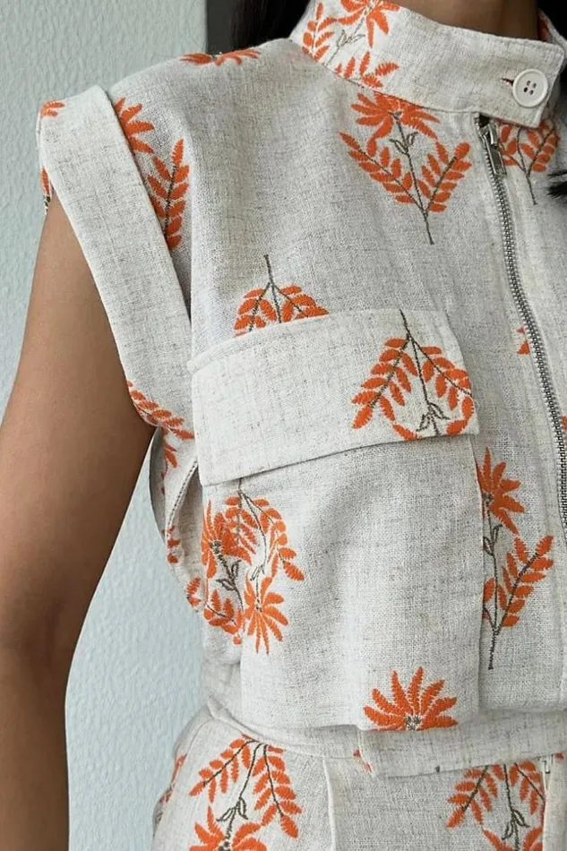 Women Combishort Beige Motif Fleuri Orange Beige Brentiny Paris Playsuits