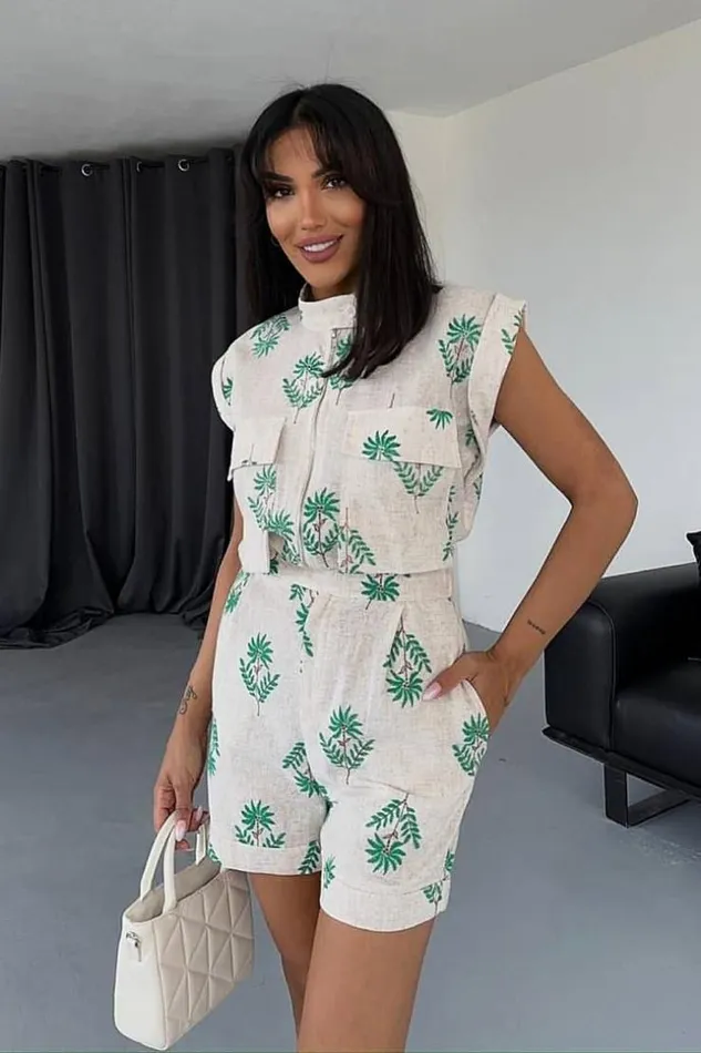 Women Combishort Beige Motif Fleuri Vert Beige Brentiny Paris Playsuits