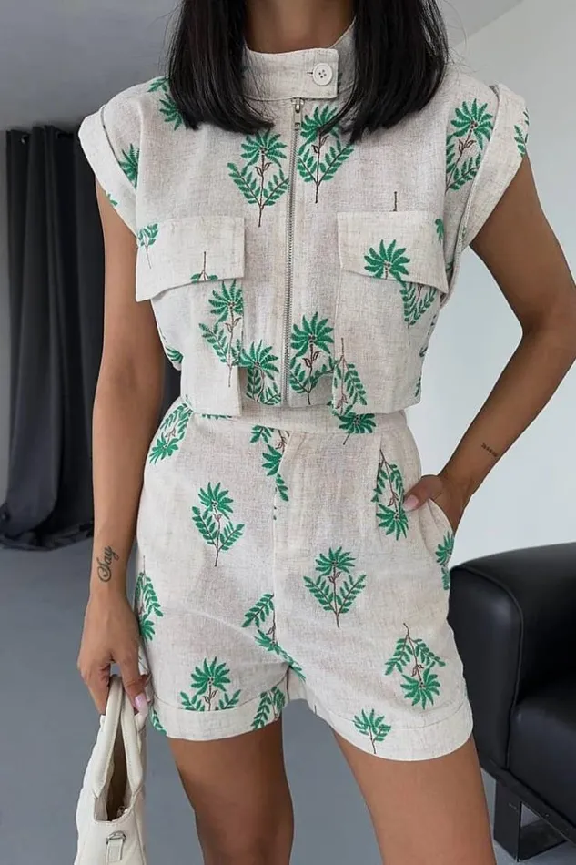Women Combishort Beige Motif Fleuri Vert Beige Brentiny Paris Playsuits