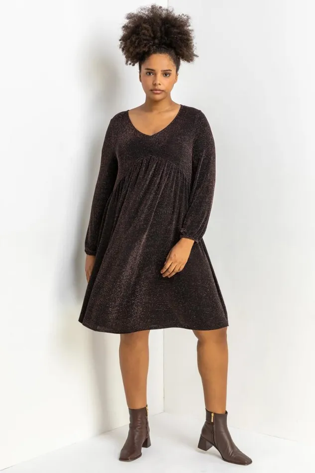 Women Copper Curve Metallic Sparkle Swing Dress Roman Dresses