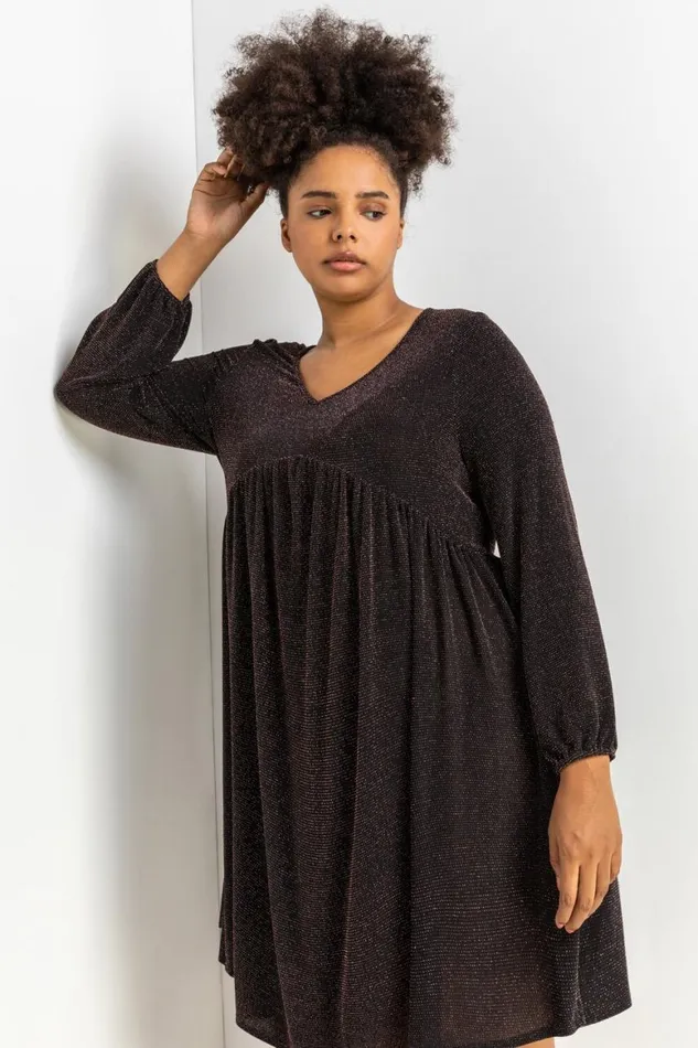 Women Copper Curve Metallic Sparkle Swing Dress Roman Dresses