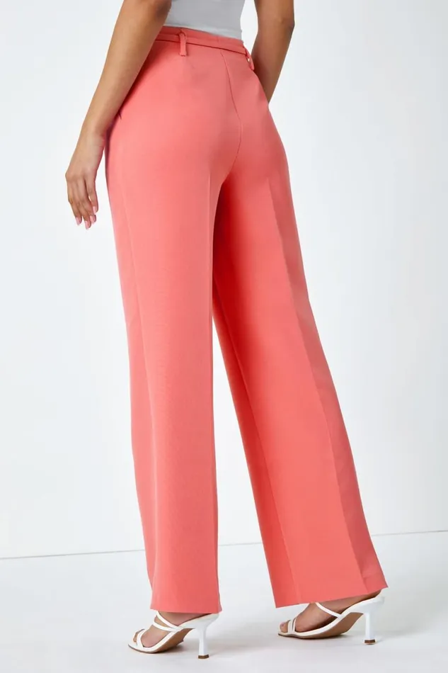 Women Coral Crepe Stretch Straight Leg Trousers Roman Trousers