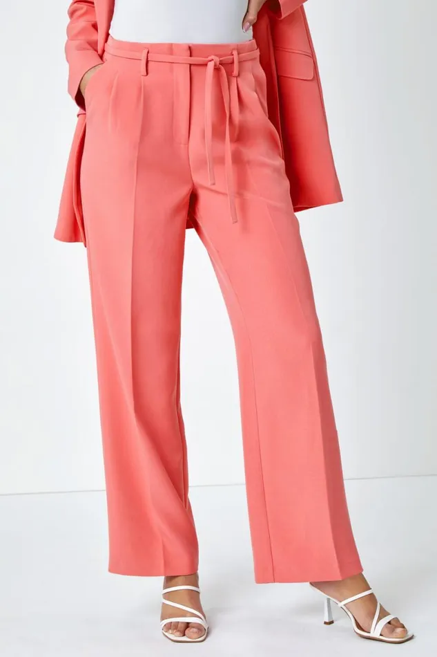 Women Coral Crepe Stretch Straight Leg Trousers Roman Trousers