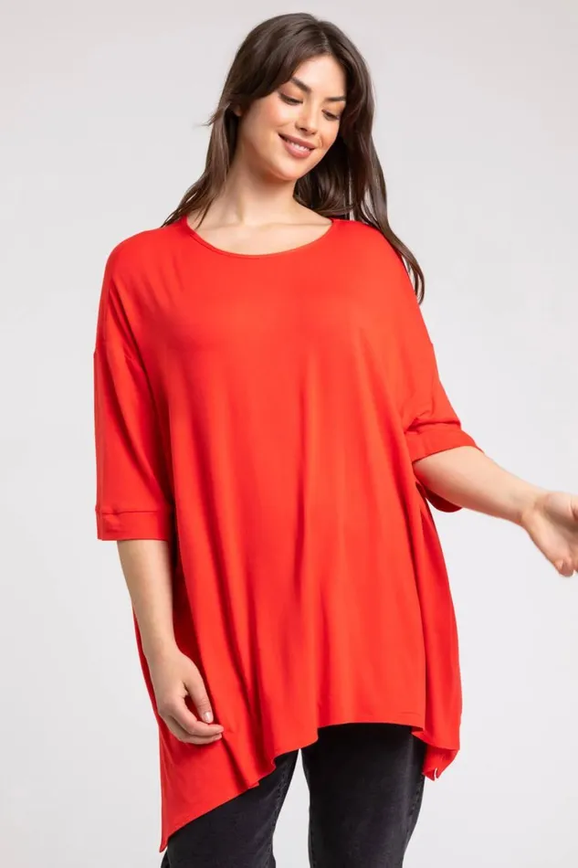 Women Coral Curve Plain Hanky Hem Top Roman Tops