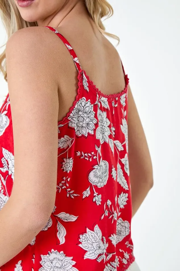 Women Coral Ditsy Floral Lace Trim VNeck Top Roman Tops
