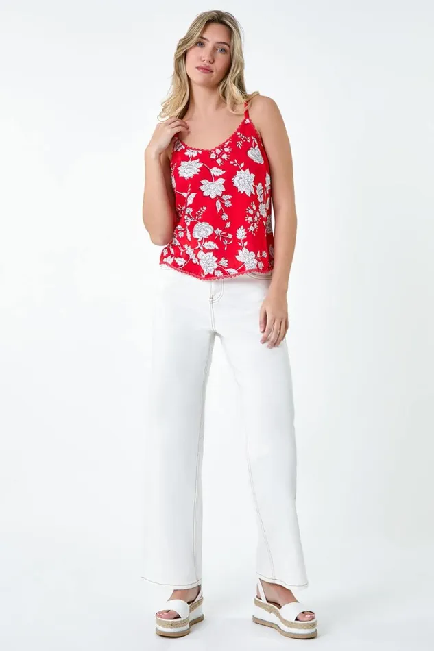 Women Coral Ditsy Floral Lace Trim VNeck Top Roman Tops