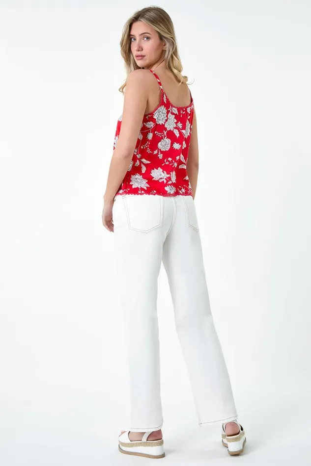 Women Coral Ditsy Floral Lace Trim VNeck Top Roman Tops