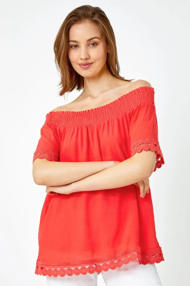 Women Coral Lace Detail Shirred Bardot Top Roman Tops