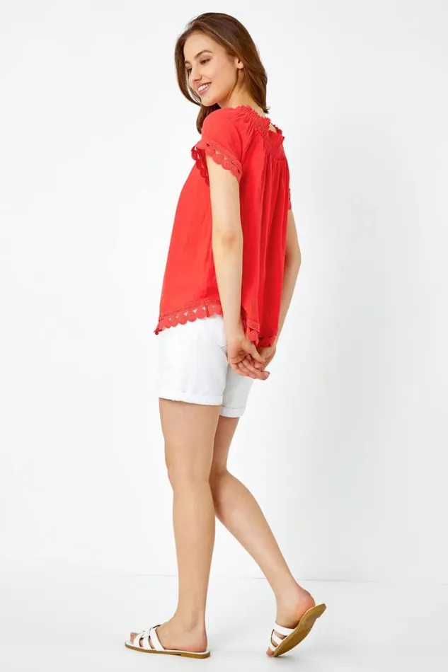Women Coral Lace Detail Shirred Bardot Top Roman Tops