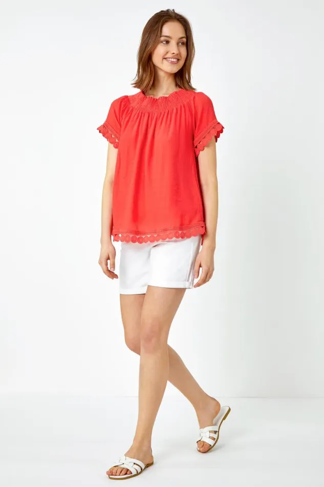 Women Coral Lace Detail Shirred Bardot Top Roman Tops
