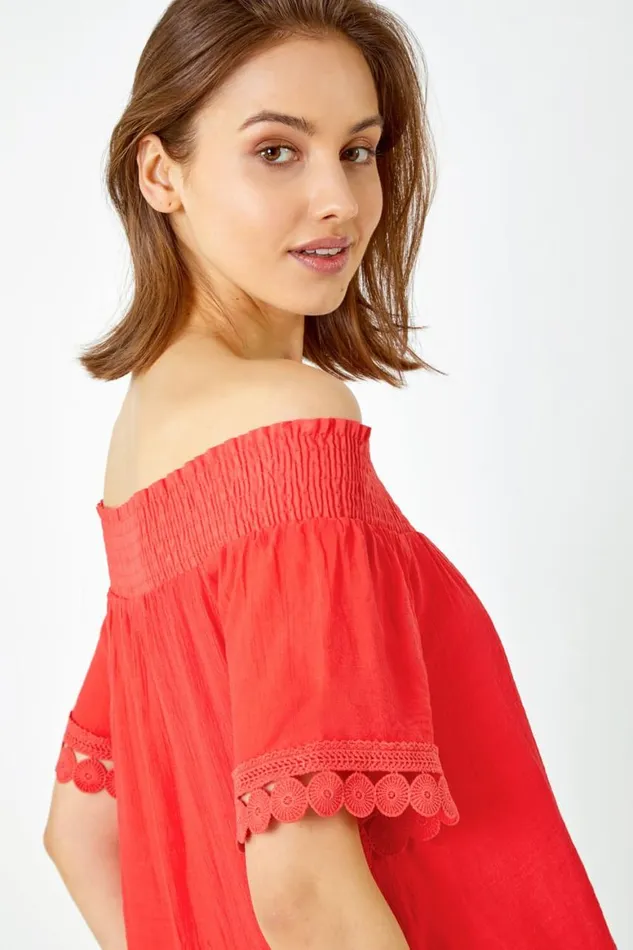 Women Coral Lace Detail Shirred Bardot Top Roman Tops