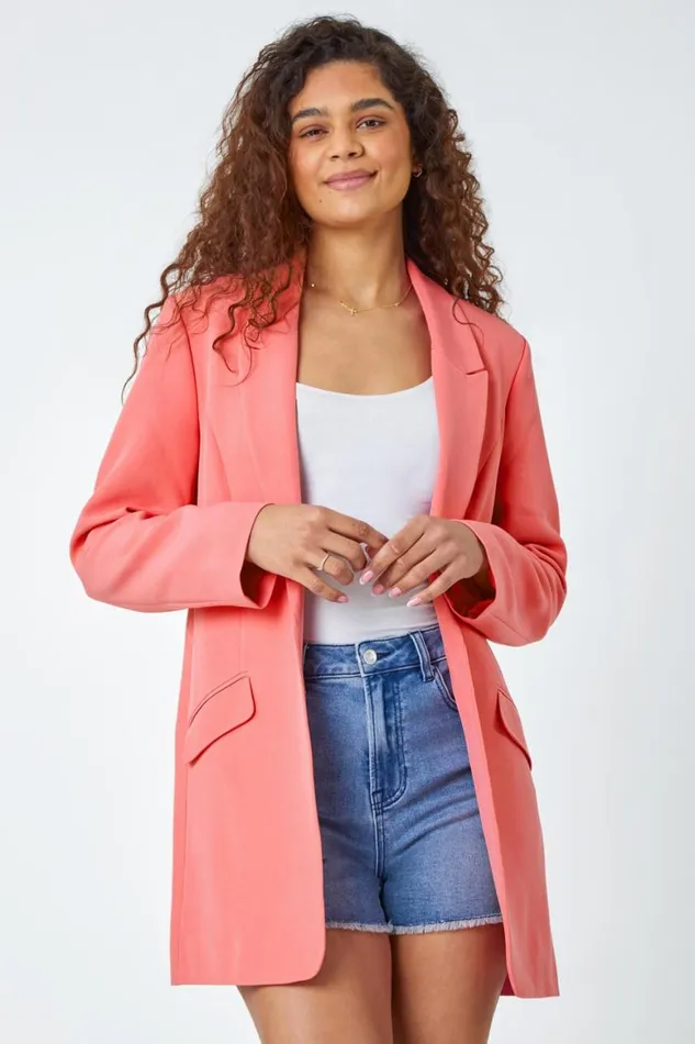 Women Coral Longline Blazer Jacket Roman Coords