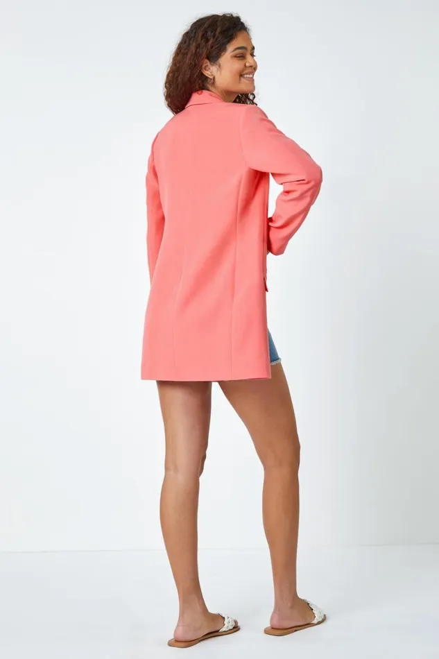 Women Coral Longline Blazer Jacket Roman Coords