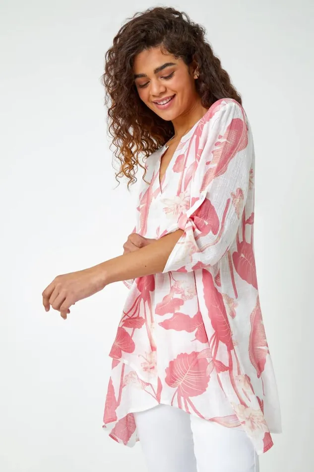 Women Coral Palm Print VNeck Wrap Hem Tunic Top Roman Tops