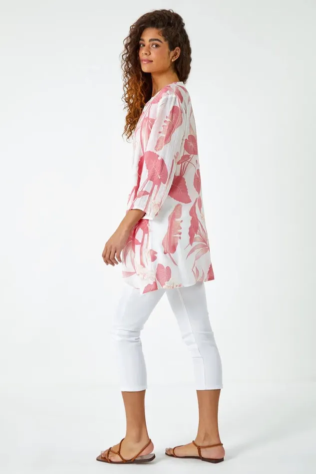 Women Coral Palm Print VNeck Wrap Hem Tunic Top Roman Tops