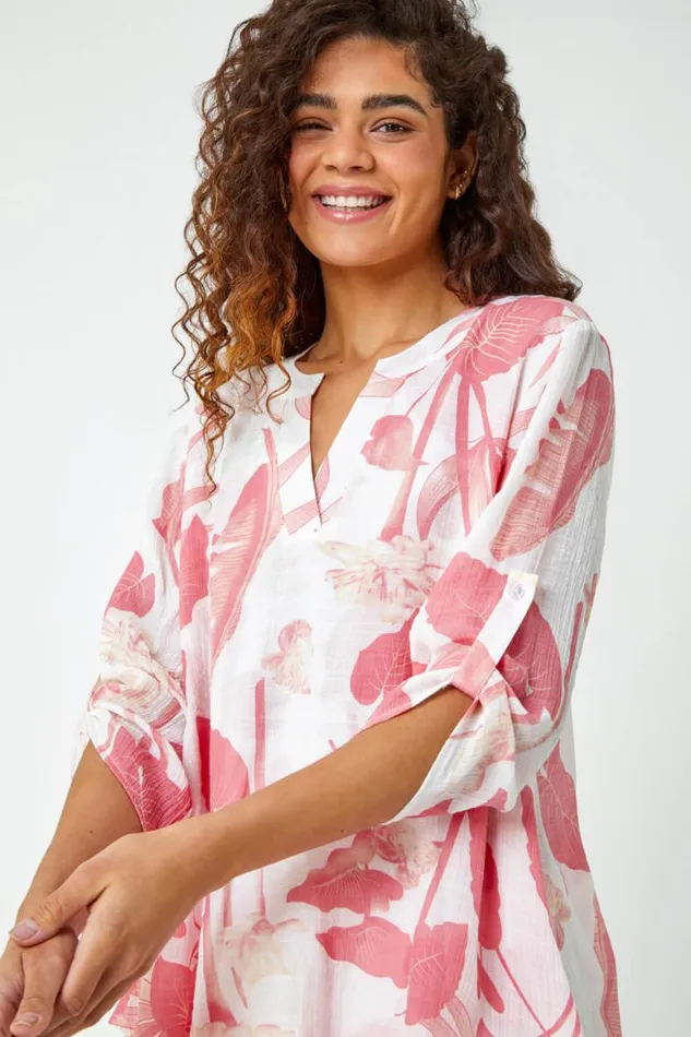 Women Coral Palm Print VNeck Wrap Hem Tunic Top Roman Tops