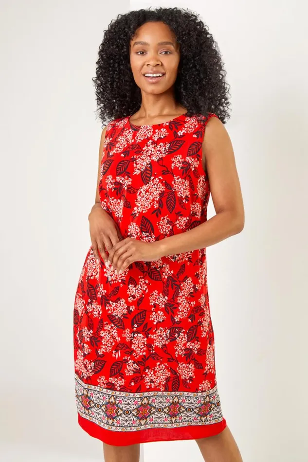 Women Coral Petite Border Floral Print Shift Dress Roman Dresses