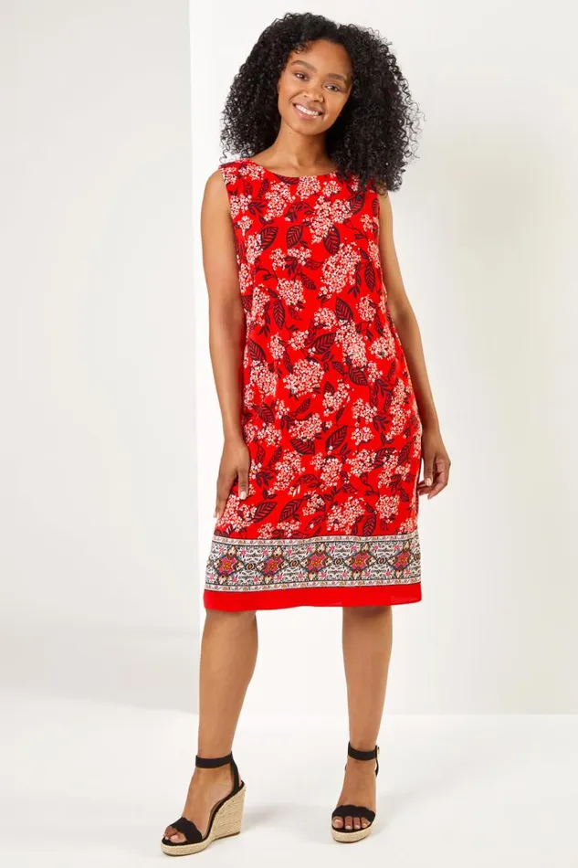 Women Coral Petite Border Floral Print Shift Dress Roman Dresses