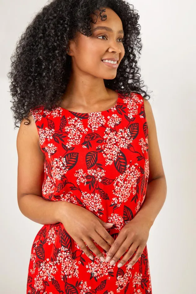 Women Coral Petite Border Floral Print Shift Dress Roman Dresses
