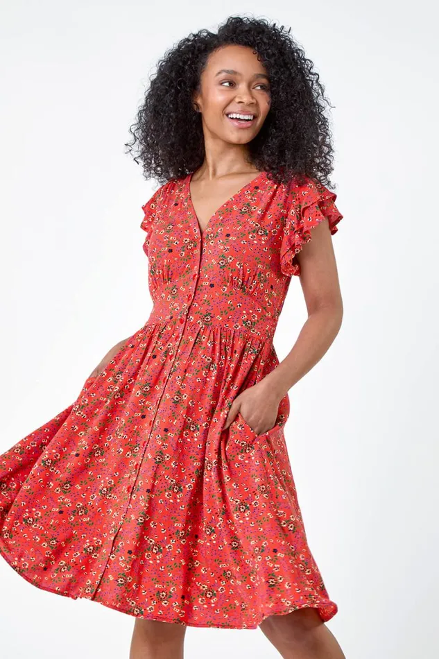 Women Coral Petite Ditsy Floral Frill Pocket Dress Roman Dresses