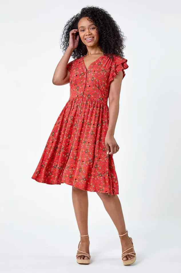 Women Coral Petite Ditsy Floral Frill Pocket Dress Roman Dresses