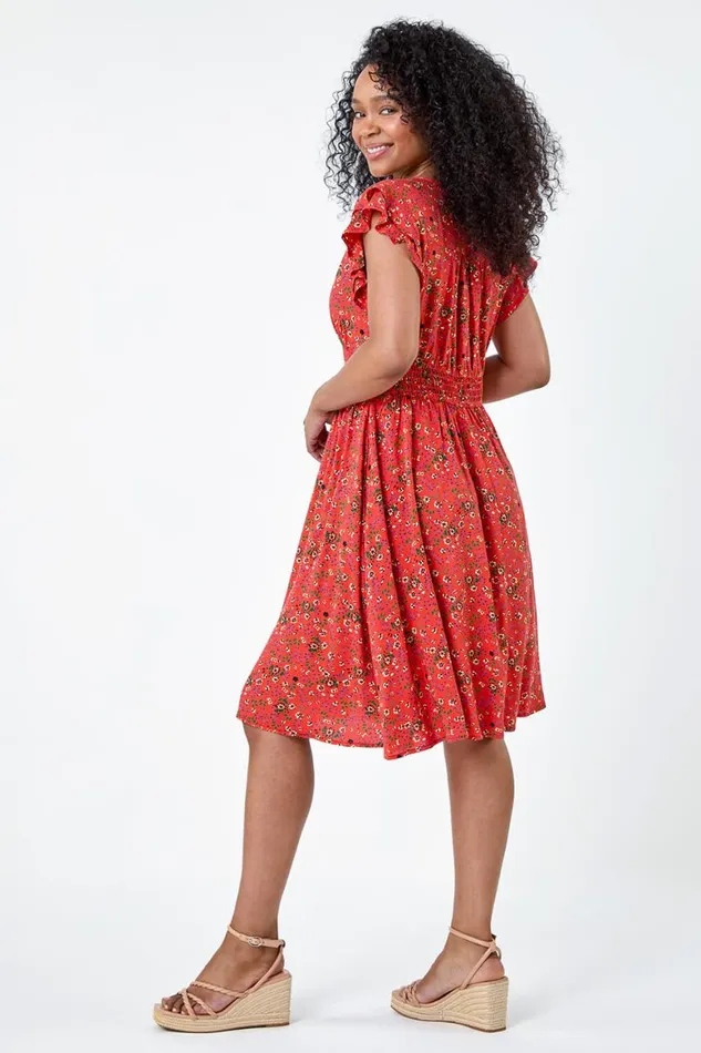 Women Coral Petite Ditsy Floral Frill Pocket Dress Roman Dresses