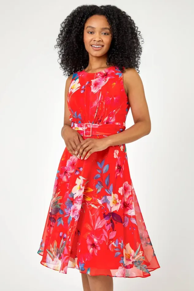Women Coral Petite Floral Print Buckle Detail Dress Roman Dresses