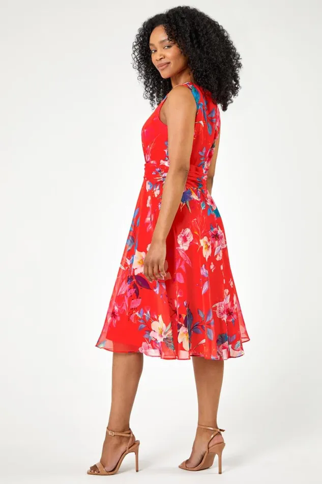 Women Coral Petite Floral Print Buckle Detail Dress Roman Dresses