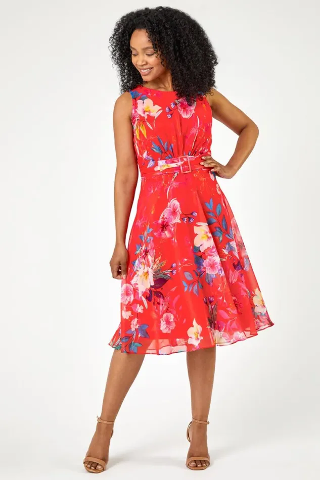 Women Coral Petite Floral Print Buckle Detail Dress Roman Dresses