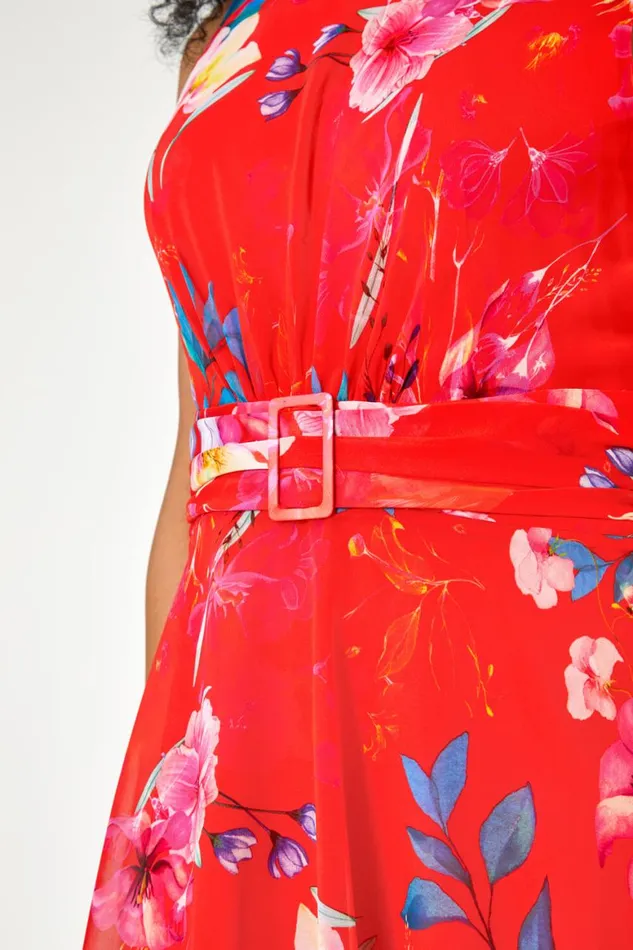 Women Coral Petite Floral Print Buckle Detail Dress Roman Dresses