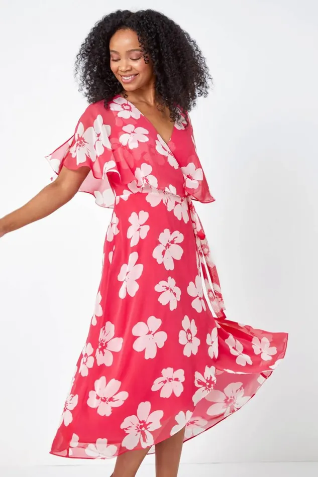 Women Coral Petite Floral Print Chiffon Cape Dress Roman Dresses