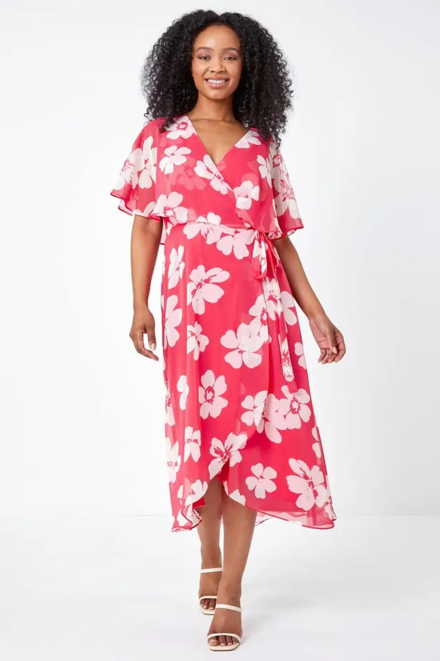 Women Coral Petite Floral Print Chiffon Cape Dress Roman Dresses