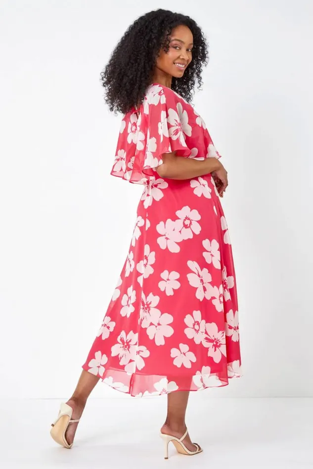 Women Coral Petite Floral Print Chiffon Cape Dress Roman Dresses