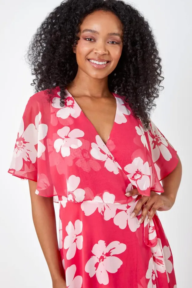Women Coral Petite Floral Print Chiffon Cape Dress Roman Dresses