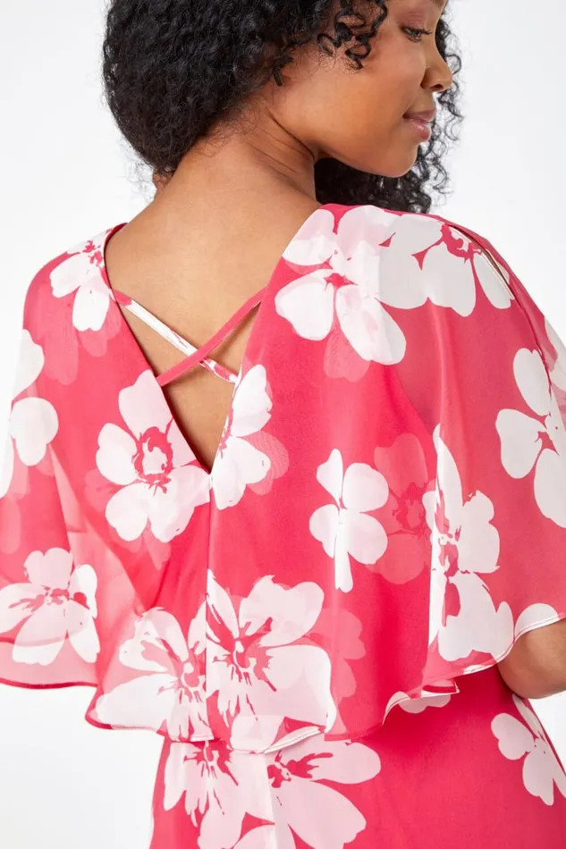 Women Coral Petite Floral Print Chiffon Cape Dress Roman Dresses