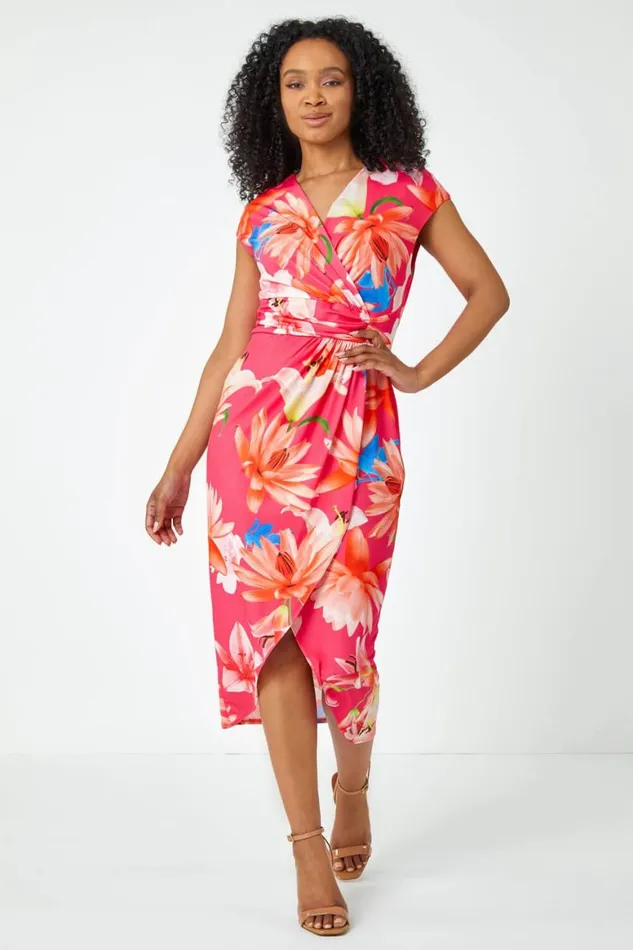 Women Coral Petite Ruched Floral Wrap Dress Roman Dresses