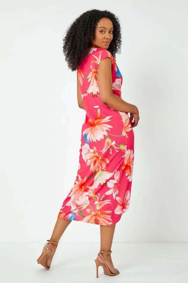 Women Coral Petite Ruched Floral Wrap Dress Roman Dresses