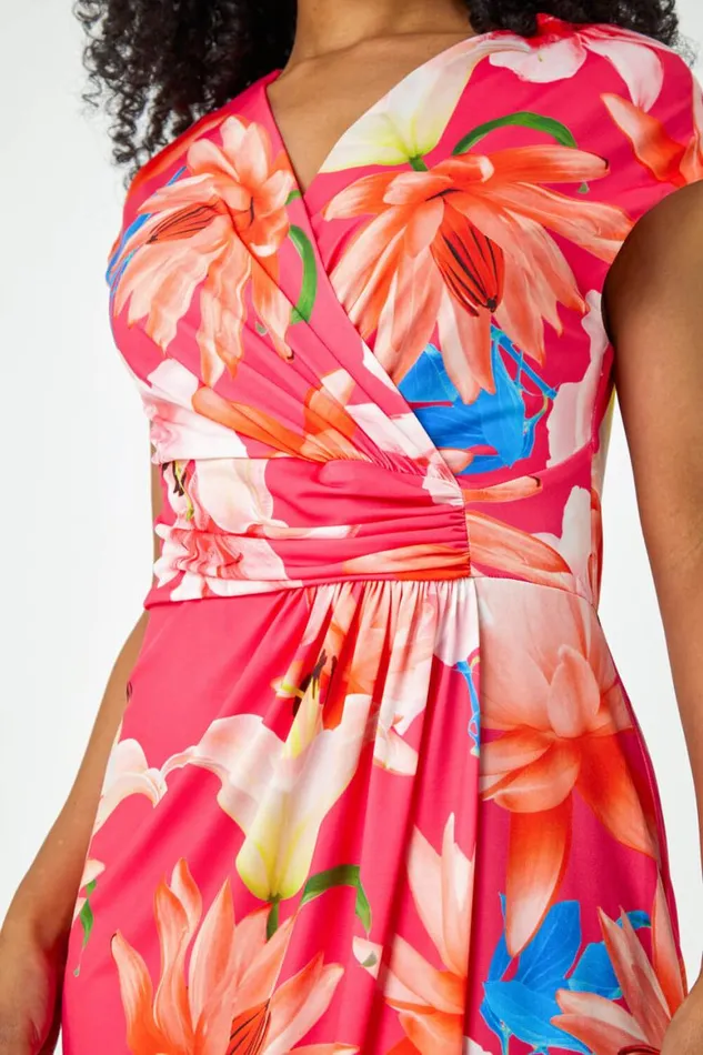 Women Coral Petite Ruched Floral Wrap Dress Roman Dresses