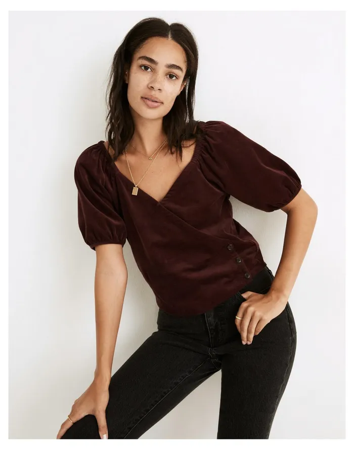 Women Corduroy Puff Sleeve Wrap Top Dark Fig Madewell Tops and Shirts