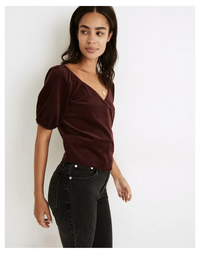 Women Corduroy Puff Sleeve Wrap Top Dark Fig Madewell Tops and Shirts Women Corduroy Puff Sleeve Wrap Top Dark Fig Madewell Tops and Shirts