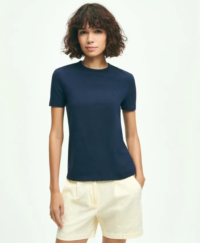 Women Cotton Jersey Crewneck TShirt Navy Brooks Brothers Blouses and Shirts