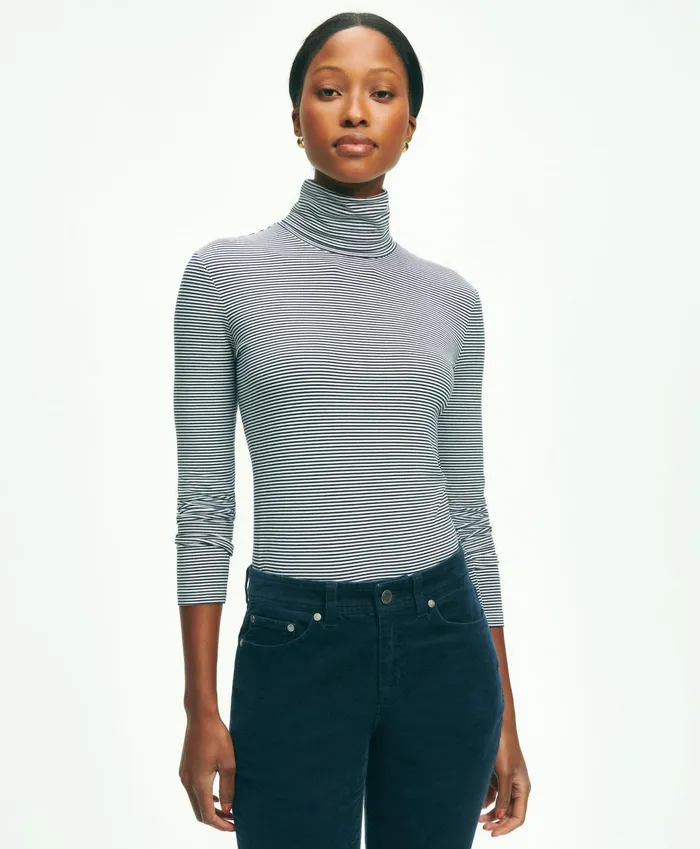 Women Cotton Modal Feeder Stripe Turtleneck Navywhite Brooks Brothers Blouses and Shirts