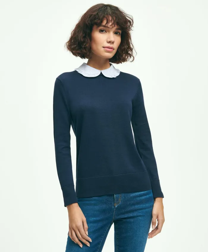 Women Cotton Removable Collar Sweater Navy Brooks Brothers Sweaters