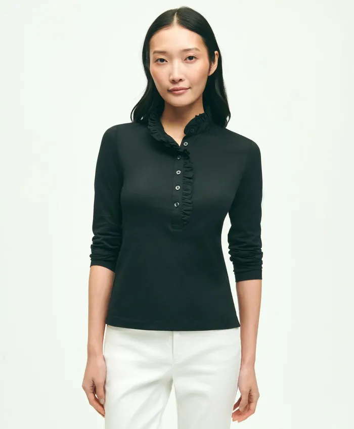 Women Cotton Ruffled Henley Black Brooks Brothers Blouses and Shirts