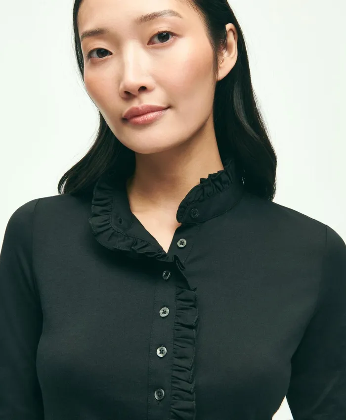 Women Cotton Ruffled Henley Black Brooks Brothers Blouses and Shirts