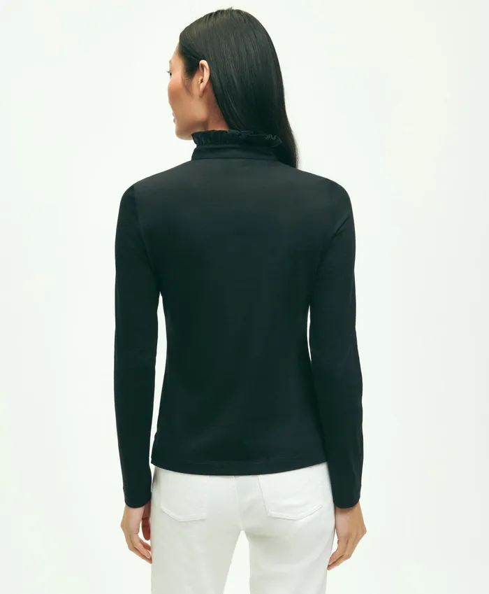 Women Cotton Ruffled Henley Black Brooks Brothers Blouses and Shirts
