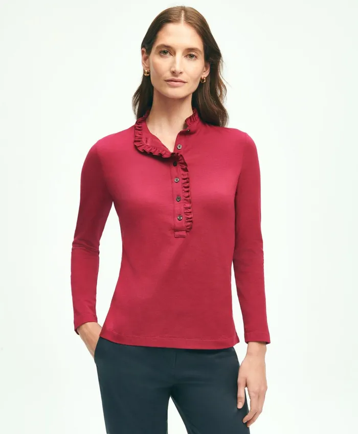Women Cotton Ruffled Henley Maroon Brooks Brothers Blouses and Shirts