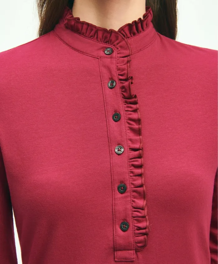 Women Cotton Ruffled Henley Maroon Brooks Brothers Blouses and Shirts