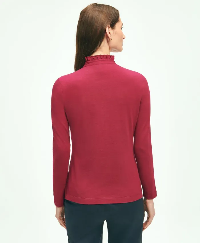 Women Cotton Ruffled Henley Maroon Brooks Brothers Blouses and Shirts
